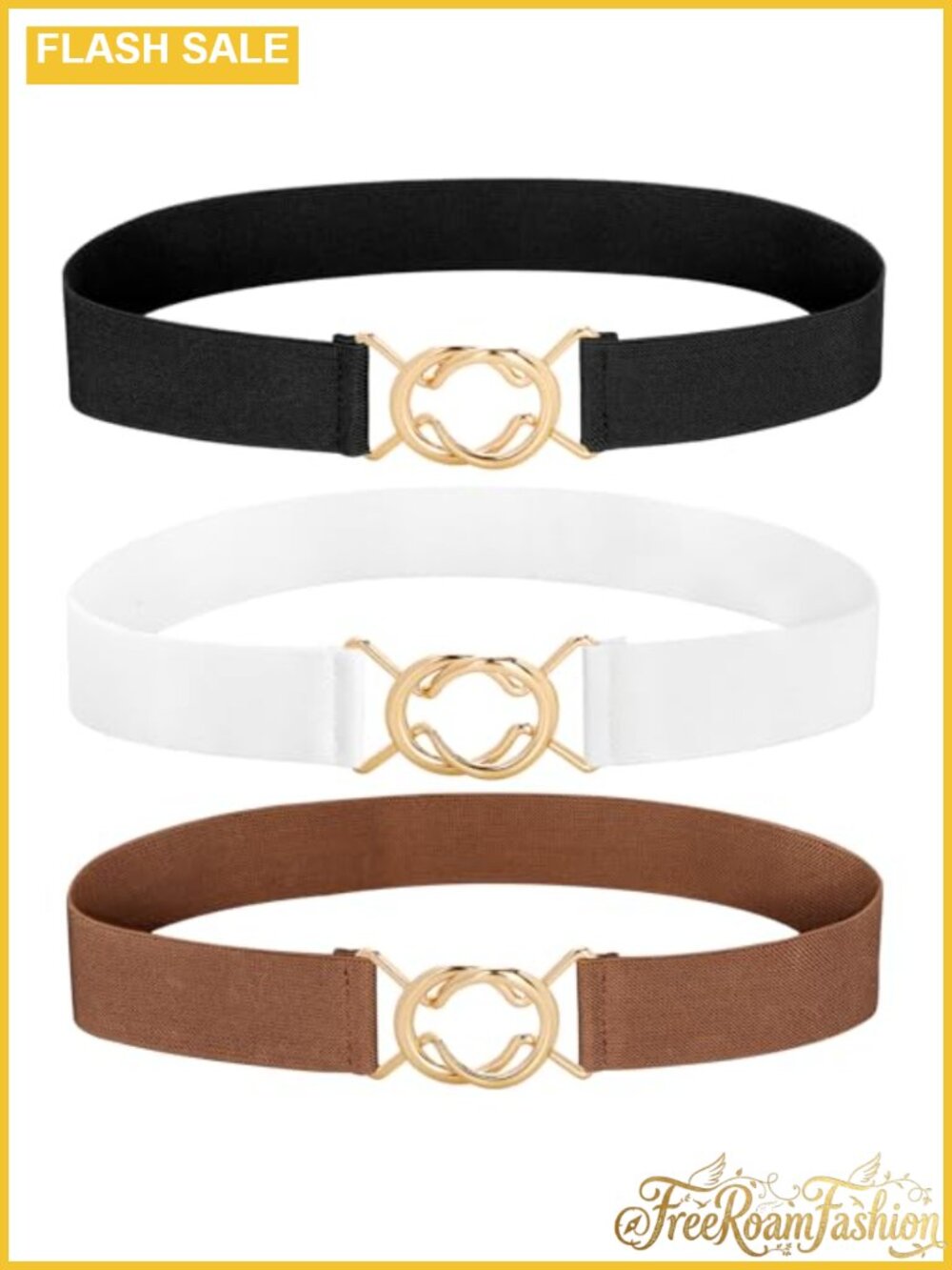 Women's Elastic Stretch Belts with Gold Buckle Adjustable Waist Set of 3 - Picture 1 of 5